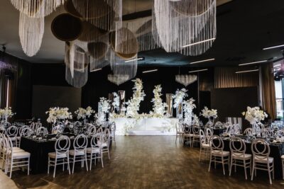 Tables and chairs set up for wedding event